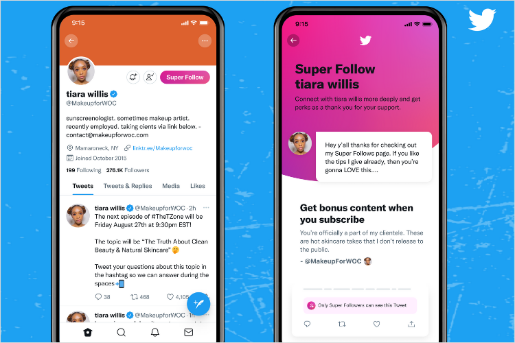 Screenshot of what the "Super Follow" button looks like on a Twitter profile, along with a screenshot of an example "Super Follow" page. 