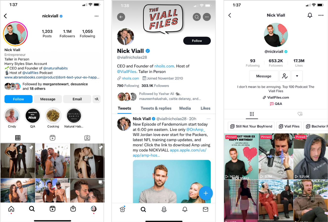 Mobile view of verified TikTok, Instagram, Twitter profiles: Nick Viall