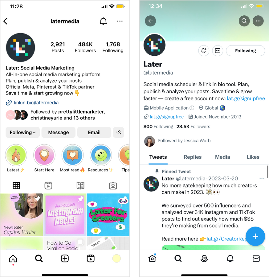 Screenshots of @latermedia's Instagram and Twitter profiles. 