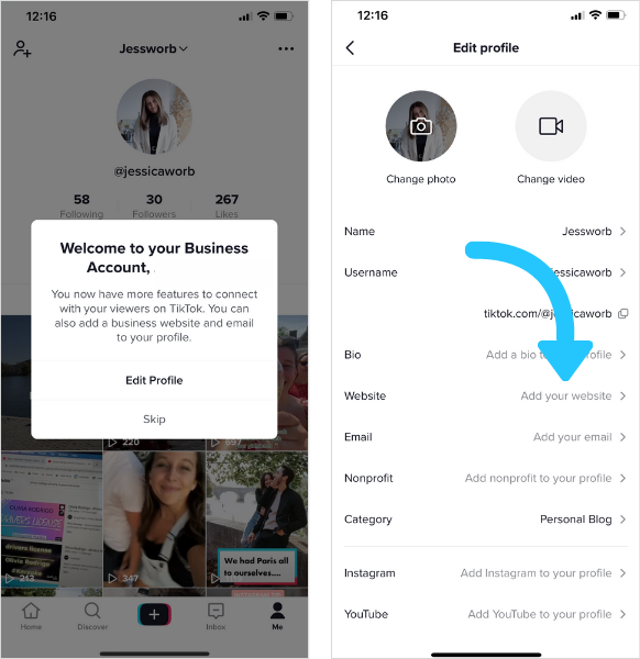 An illustration of how to add a link to your TikTok bio