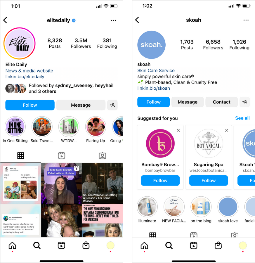 Screenshot x2 of two Instagram Business profiles — @elitedaily and @skoah