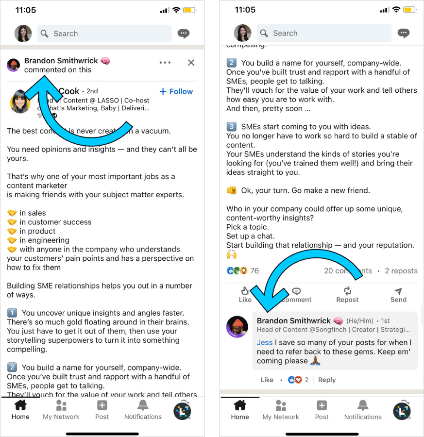 Brandon Smithwrick comments on a LinkedIn post about content marketing. 

The comment reads: "Jess I save so many of your posts for when I need to refer back to these gems. Keep 'em coming please [praying hands emoji]".