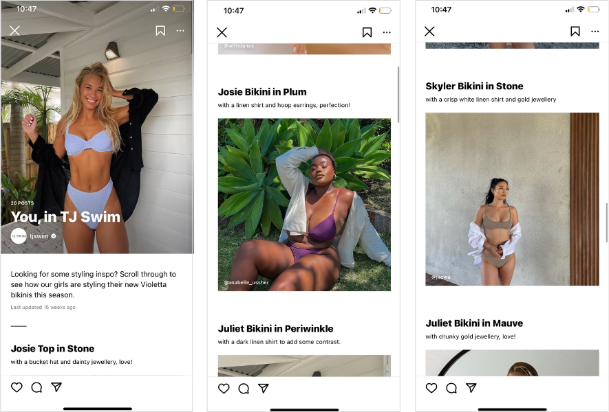 TJ Swim uses an Instagram guide to showcase images from their customers
