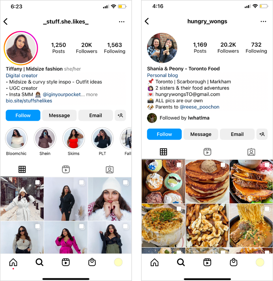 Examples of niche Instagram communities — midsize fashion (@_stuff.she.likes_) & local Toronto eats (@hungry_wongs).