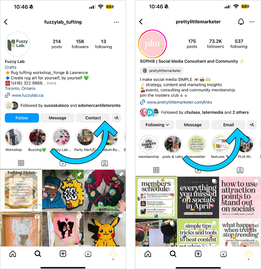Screenshot x2 of @fuzzylab_tufting & @prettylittlemarketer Instagram bios, with arrows pointing to contact information. 