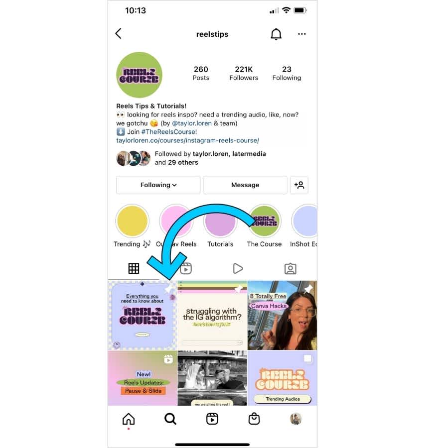 instagram profile with three pinned posts