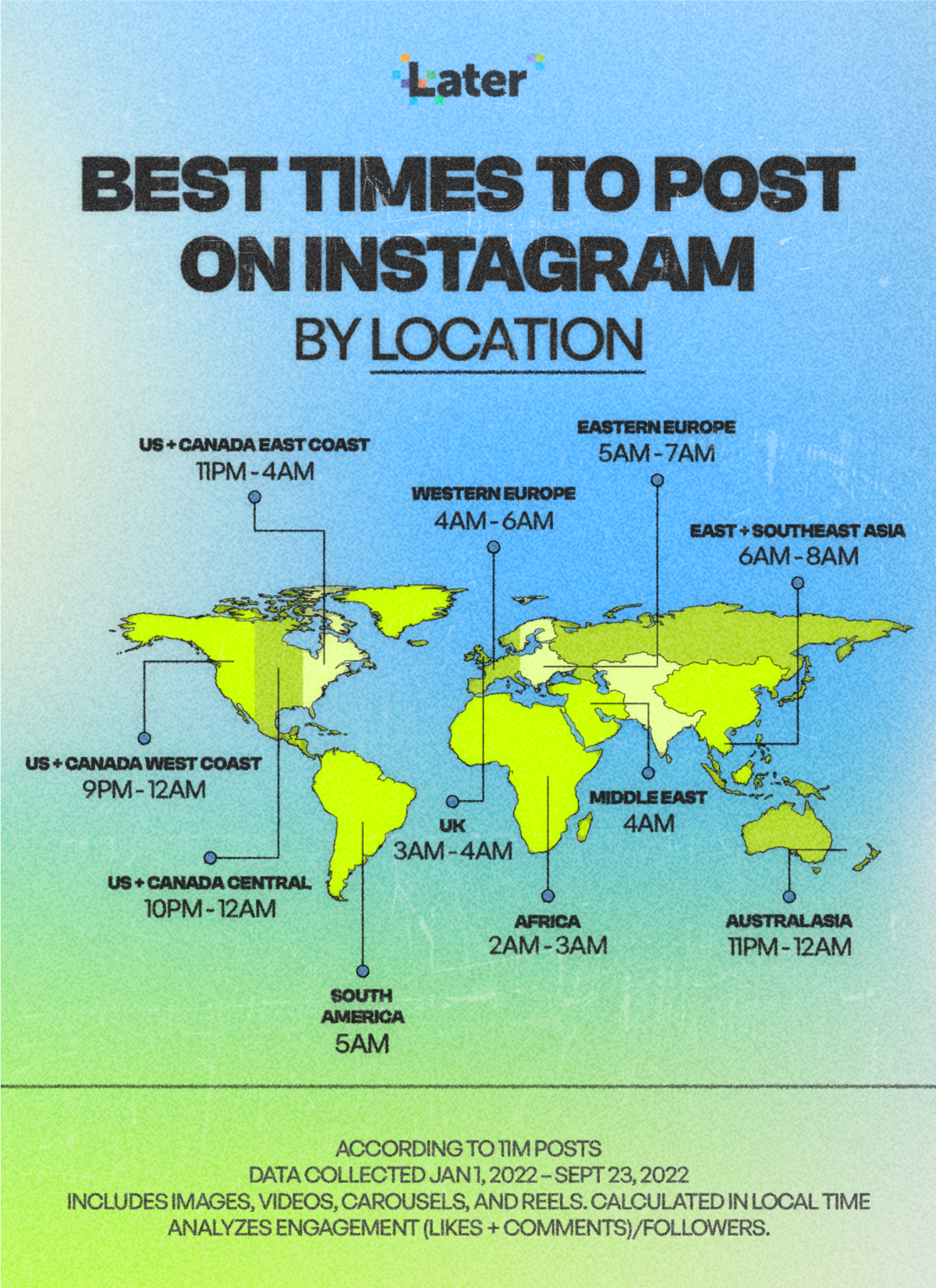 Infographic of world map showing best times to post on Instagram by location