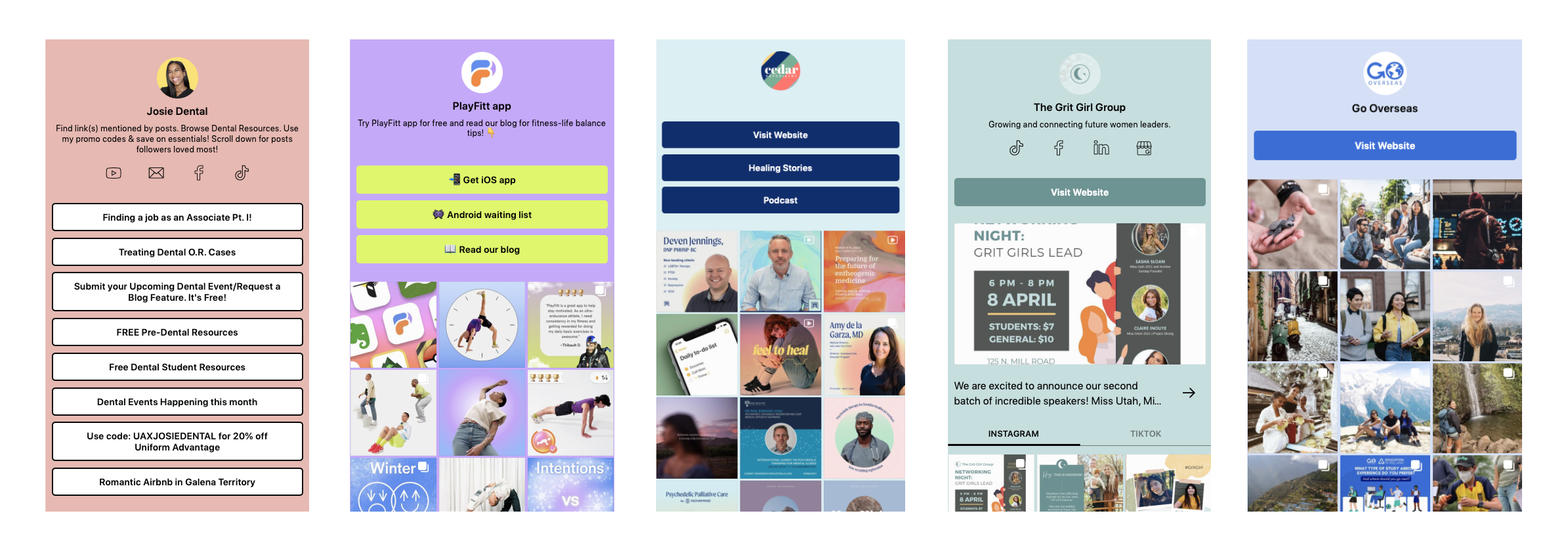 5 different examples of background colors used in brands Later link in bio tool