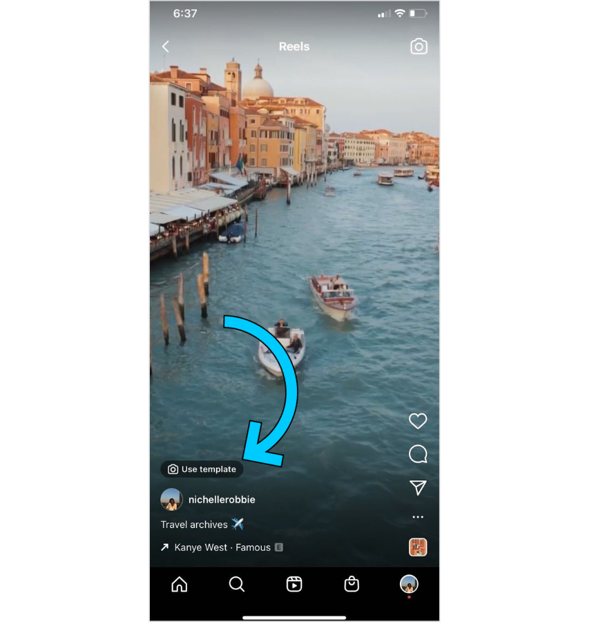 An arrow pointing to the Use Template button on an Instagram Reel