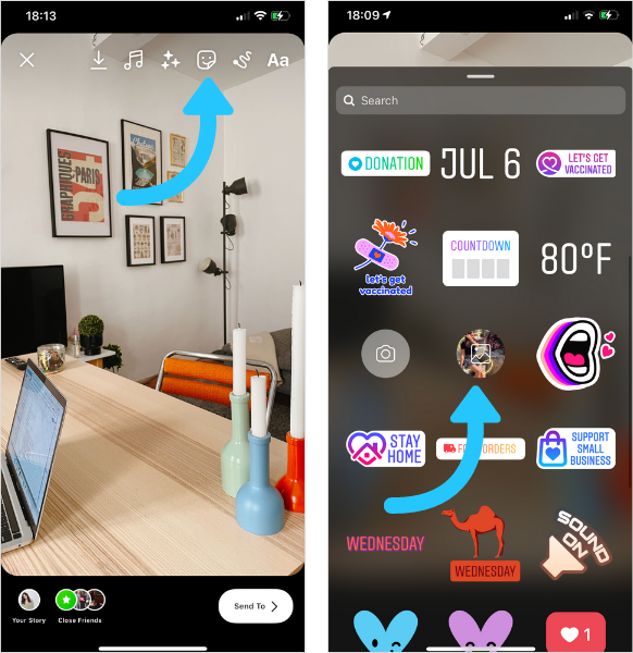 An image of a home office is added to an Instagram story with the Add From Camera Roll sticker