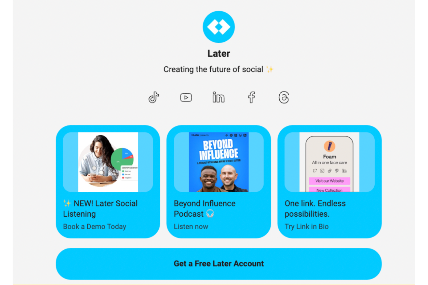 Later link in bio page has three featured links and a Later account signup button
