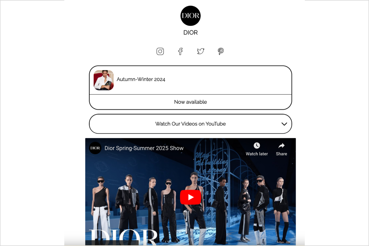Dior Link in Bio page with link to new collection and featured YouTube video