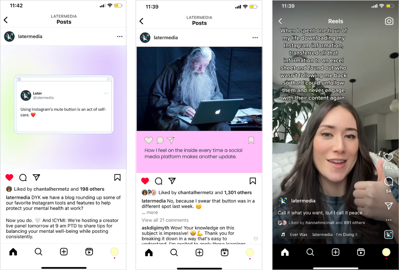 Three examples of Later's Instagram posts — a graphic, meme, and a Reel. 