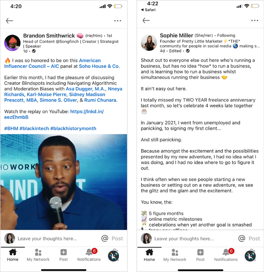 Side by side of Brandon and Sophie discussing opportunities they've gained as influencers on LinkedIn. 