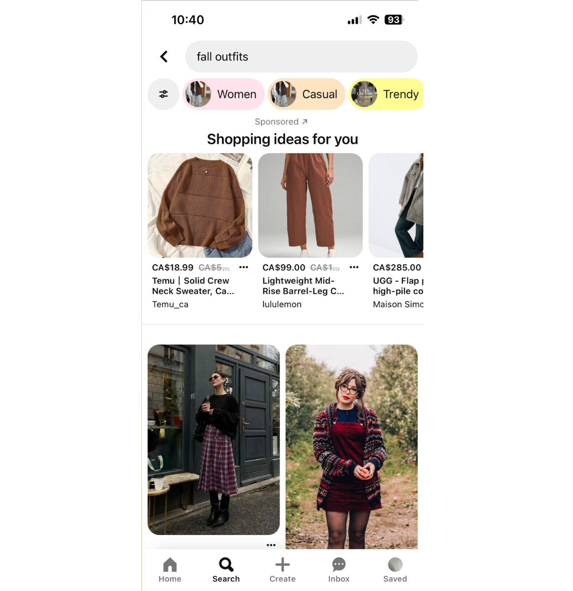 Pinterest ads on the top of the results page for the search term fall outfits