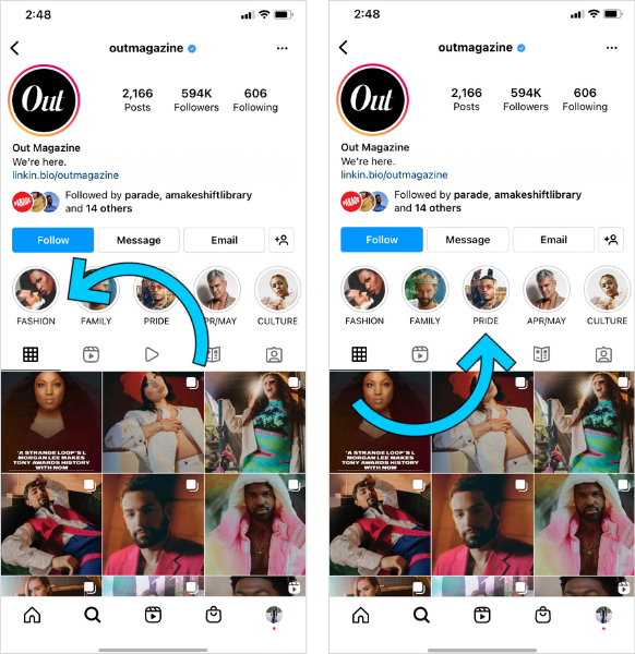 Out Magazine Instagram Feed with arrows pointed at Instagram Stories Highlight covers