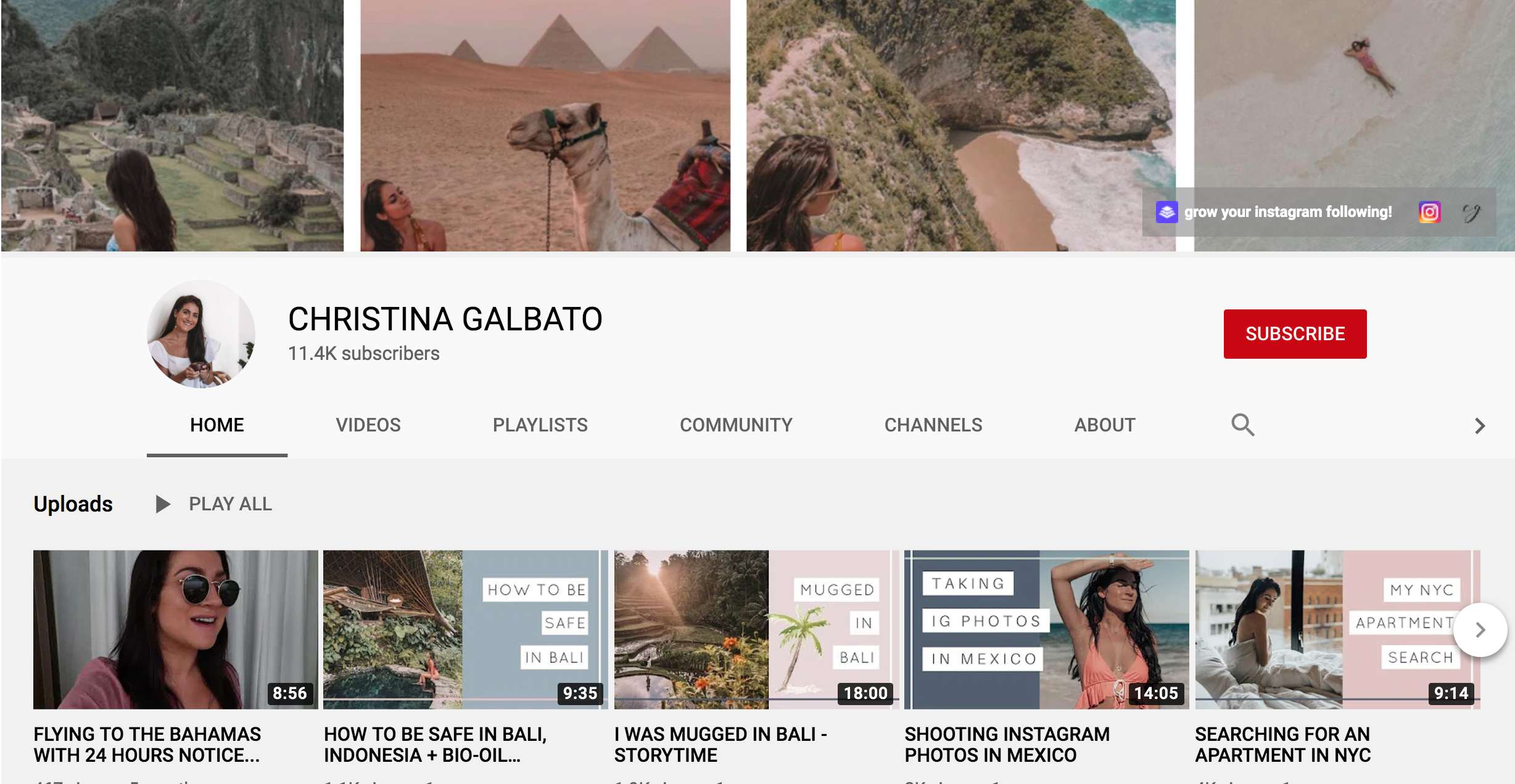 A screenshot of Christina Galbato's YouTube profile