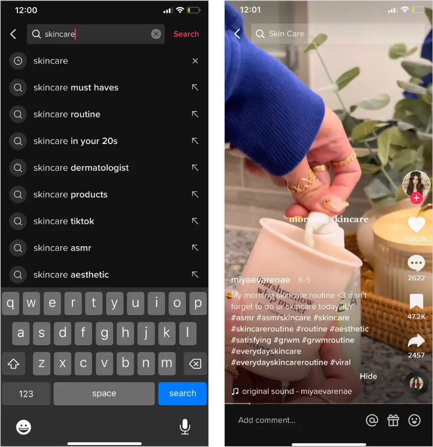 Screenshot x2 of "skincare" TikTok keyword and TikTok using it.