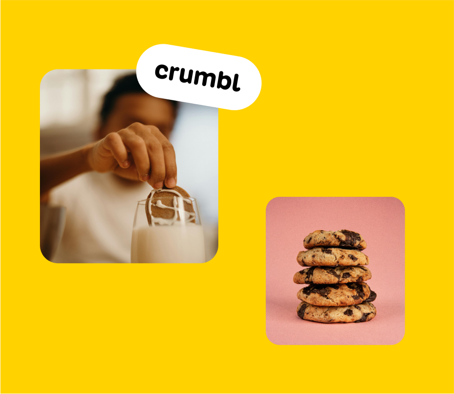 Crumbl logo, person dunking a cookie in milk, and a stack of 5 chocolate chip cookies on a yellow background