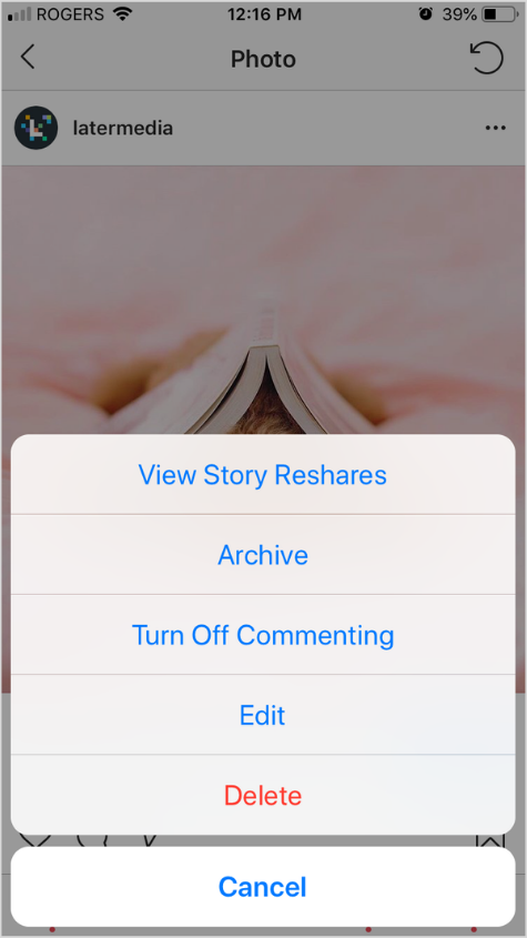 Click the ellipsis on the top right corner of an Instagram post to view story reshares