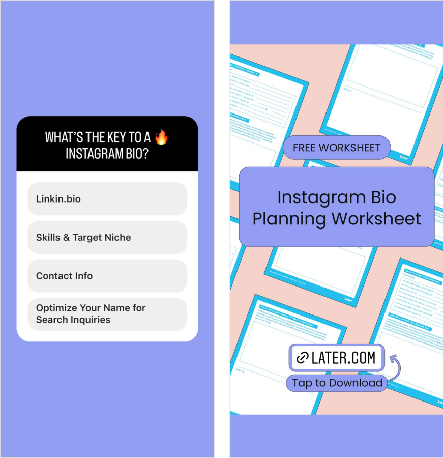 Instagram stories poll promoting Later's Instagram Bio Planning Worksheet. 