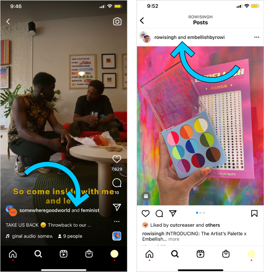 Two examples of Instagram collabs posts.