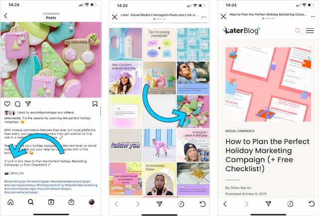 Later Medias call to action leads users to their custom link in bio page on Instagram