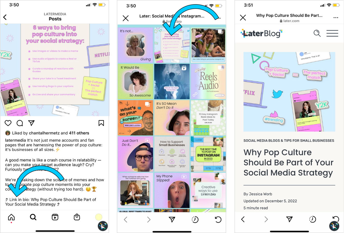 Later's call to action leads users to their custom link in bio page on Instagram