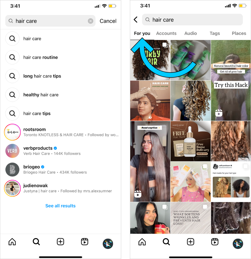 Instagram's new For you page, with results for "hair care".