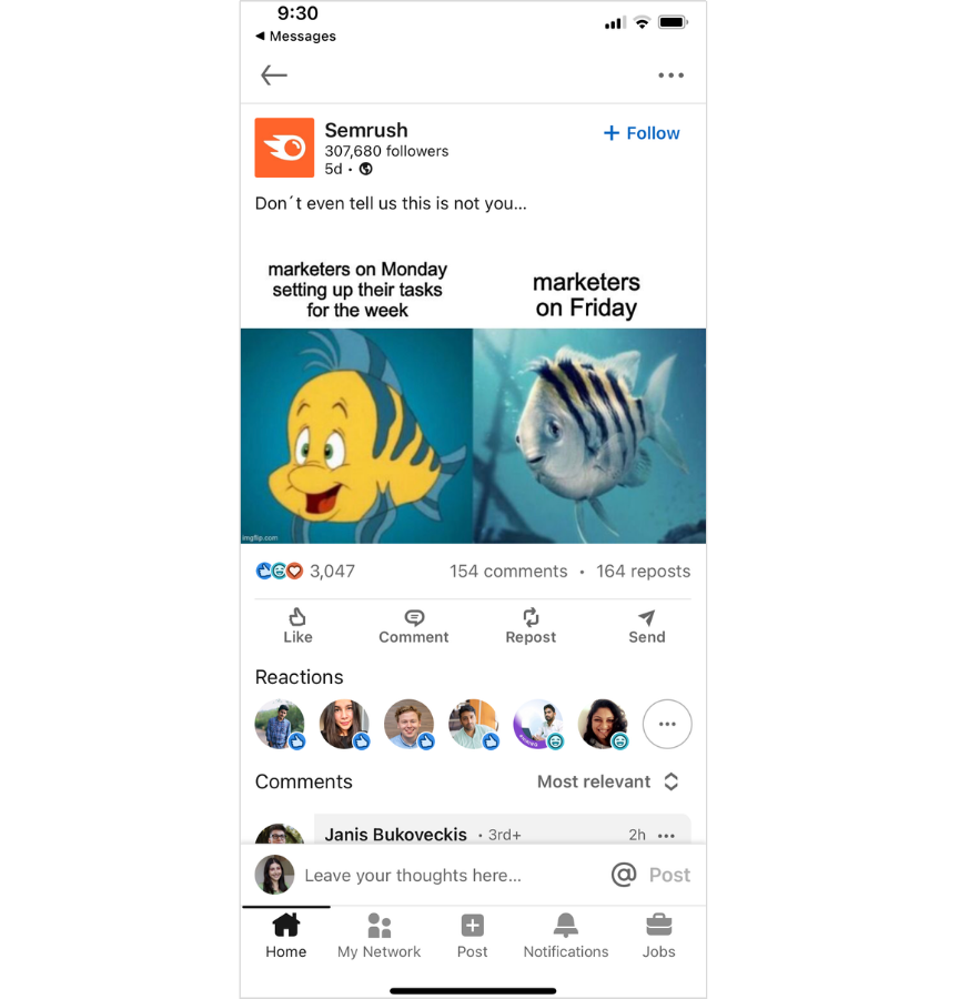 Meme posted by Semrush on LinkedIn of The Little Mermaid's Flounder (original cartoon version) with the text "marketers on Monday setting up their tasks for the week" on the left, versus the new live-action version with the text "marketers on Friday" on the right. 

The original Flounder looks happy, vibrant, and bright yellow — whereas the live-action version is thin, dull, and grey. 