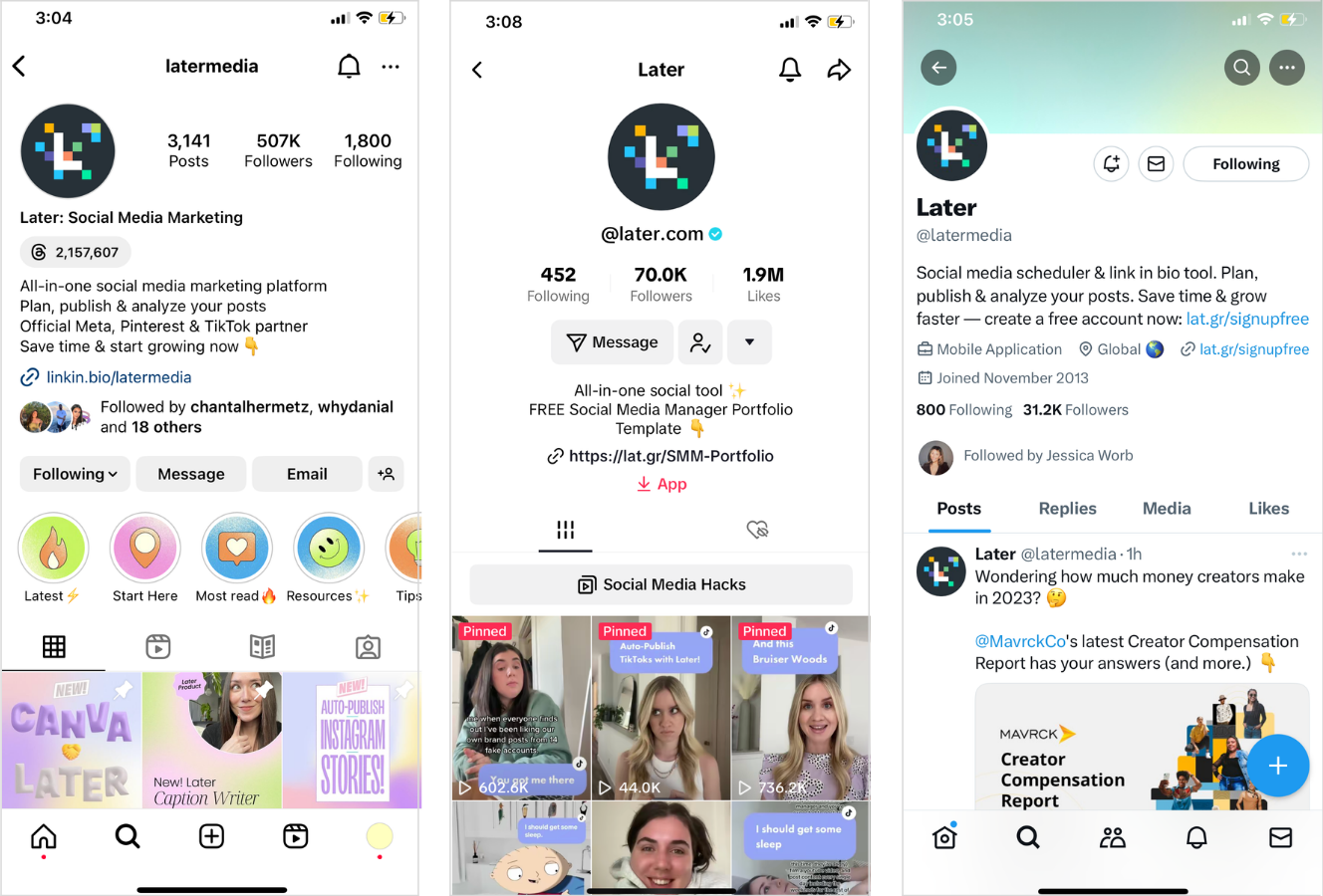 Triple screenshot of Later's TikTok, Instagram, and X (previously Twitter) profiles. 