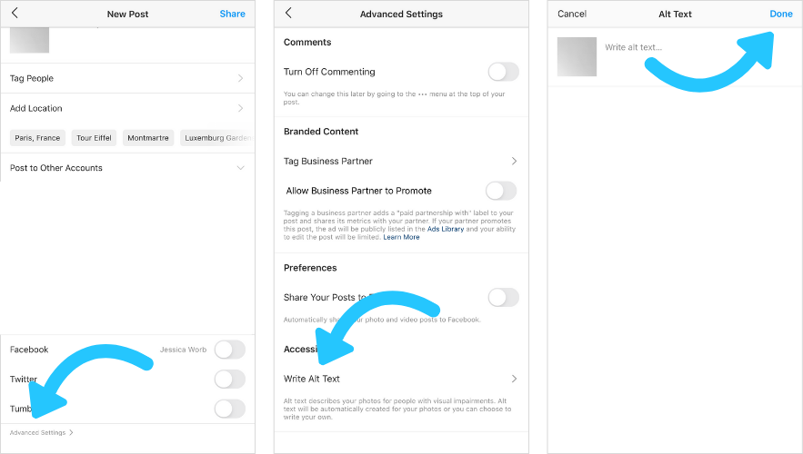 5 Ways to Make Your Instagram Account More Accessible Right Now. Pictured is the step by step process of creating alt text on the app. It is indicated with blue arrows.