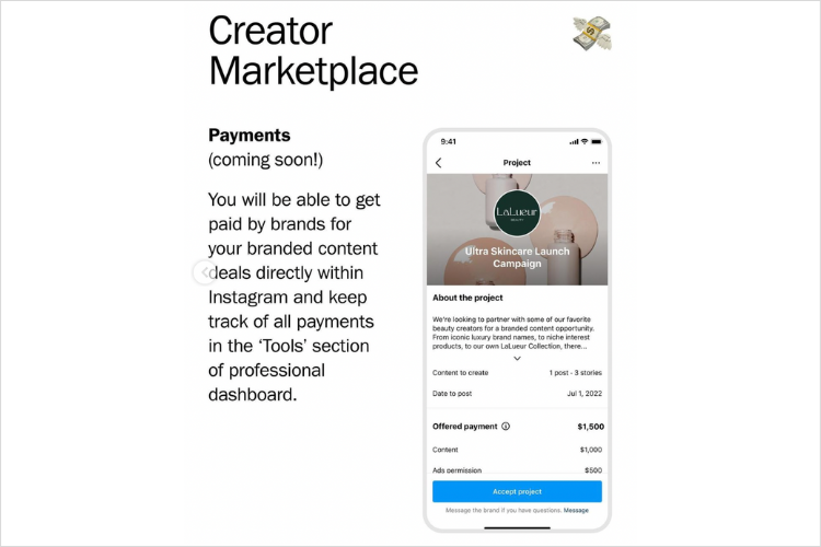 phone with instagram creator marketplace payments open on screen