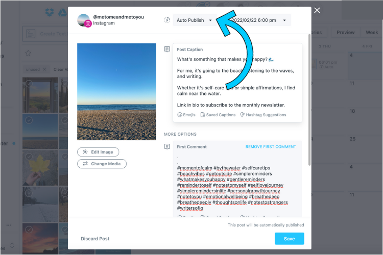 Foto che mostra il programma di creazione di programmi Instagram di Later con una freccia che punta all'opzione "Pubblicazione automatica".