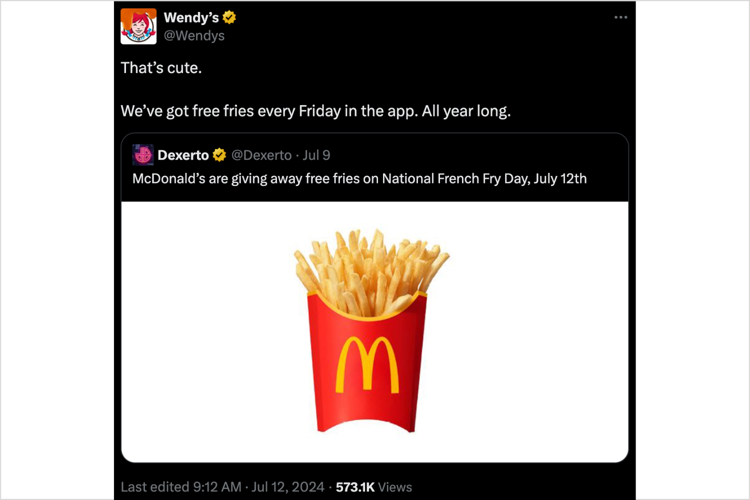 Screenshot where Wendy's promotes having free fries every Friday in their app as opposed to one day a year at McDonalds