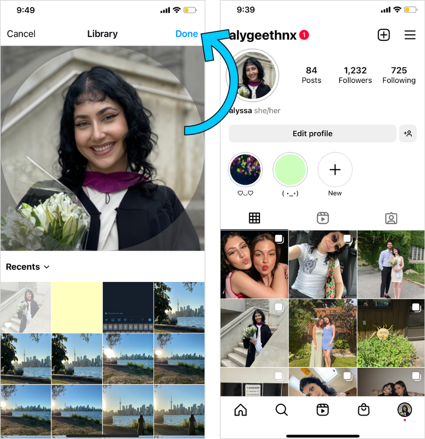 Alyssa's instagram profile featuring steps on how to change your profile picture (3/3).