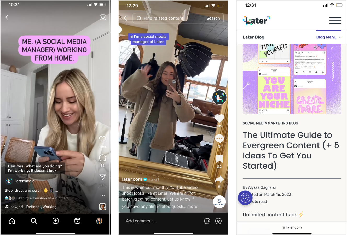Screenshot x3 of Later content examples. From left to right: Reel, TikTok, and Later's blog. 
