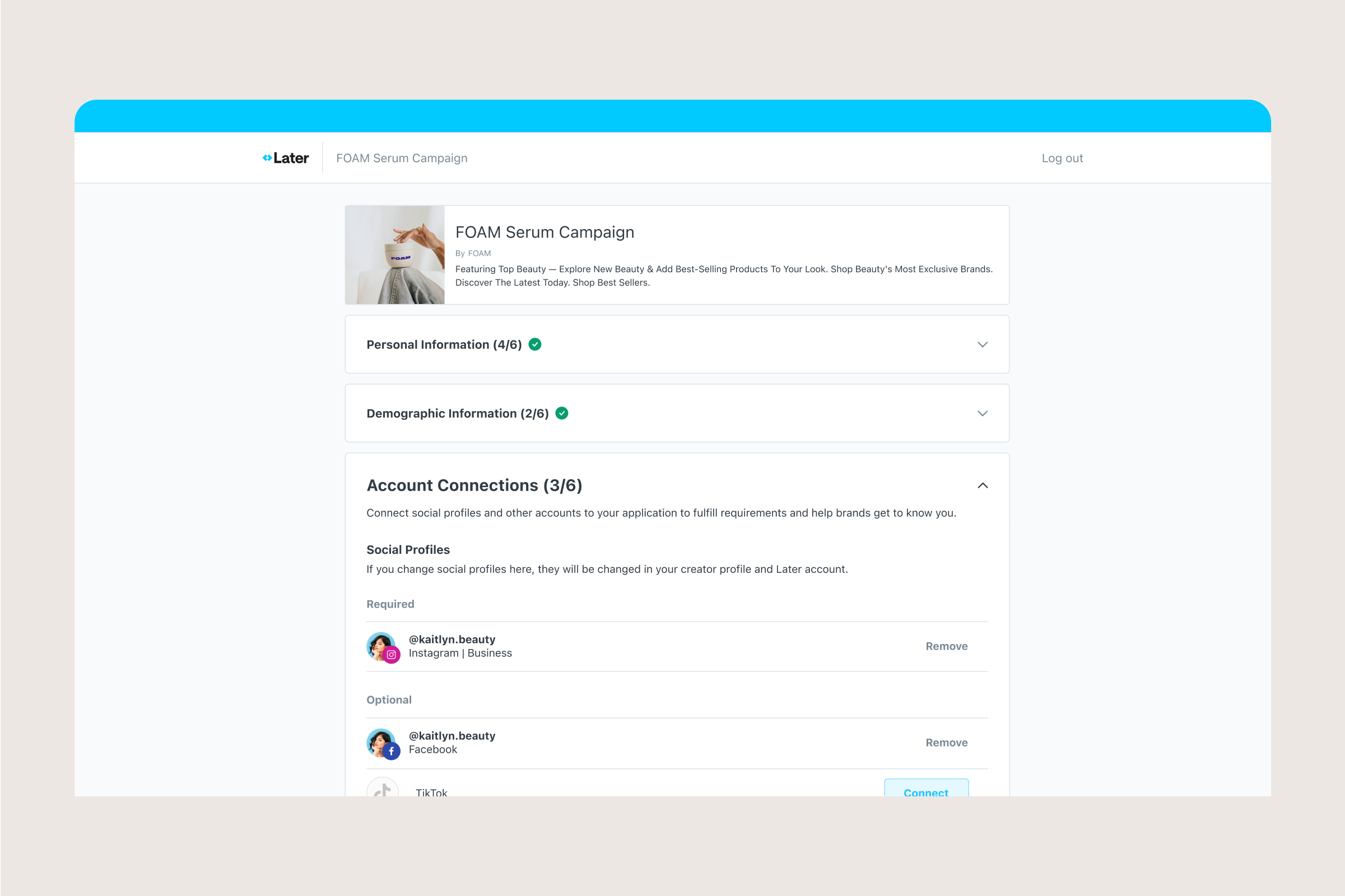 Creator applies to affiliate campaign using Later Influence