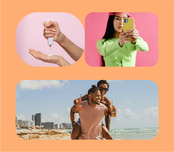 Image of a creator taking a photo, image of someone squeezing lotion from a bottle onto their hand, and  image of a couple on a beach