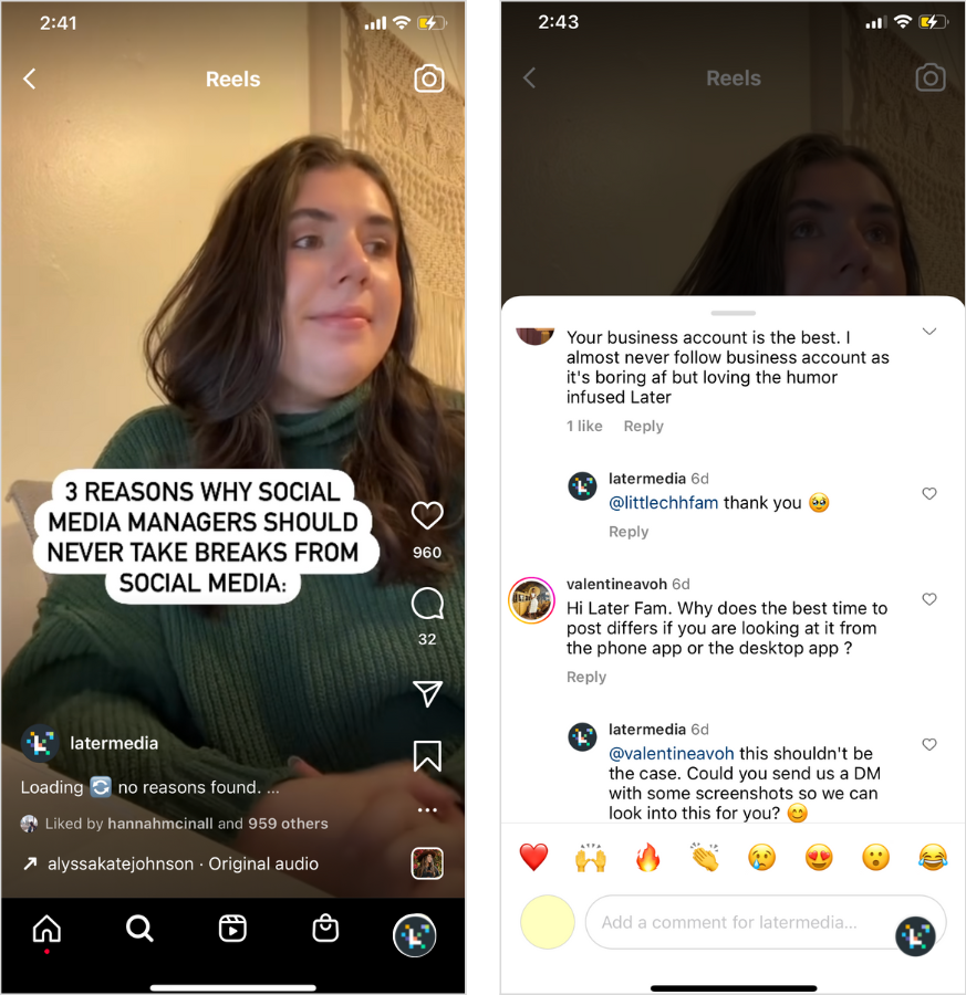 @latermedia responding to Instagram comments.