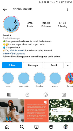 Sunwink has branded hashtag Drink Sunwink in their Instagram bio
