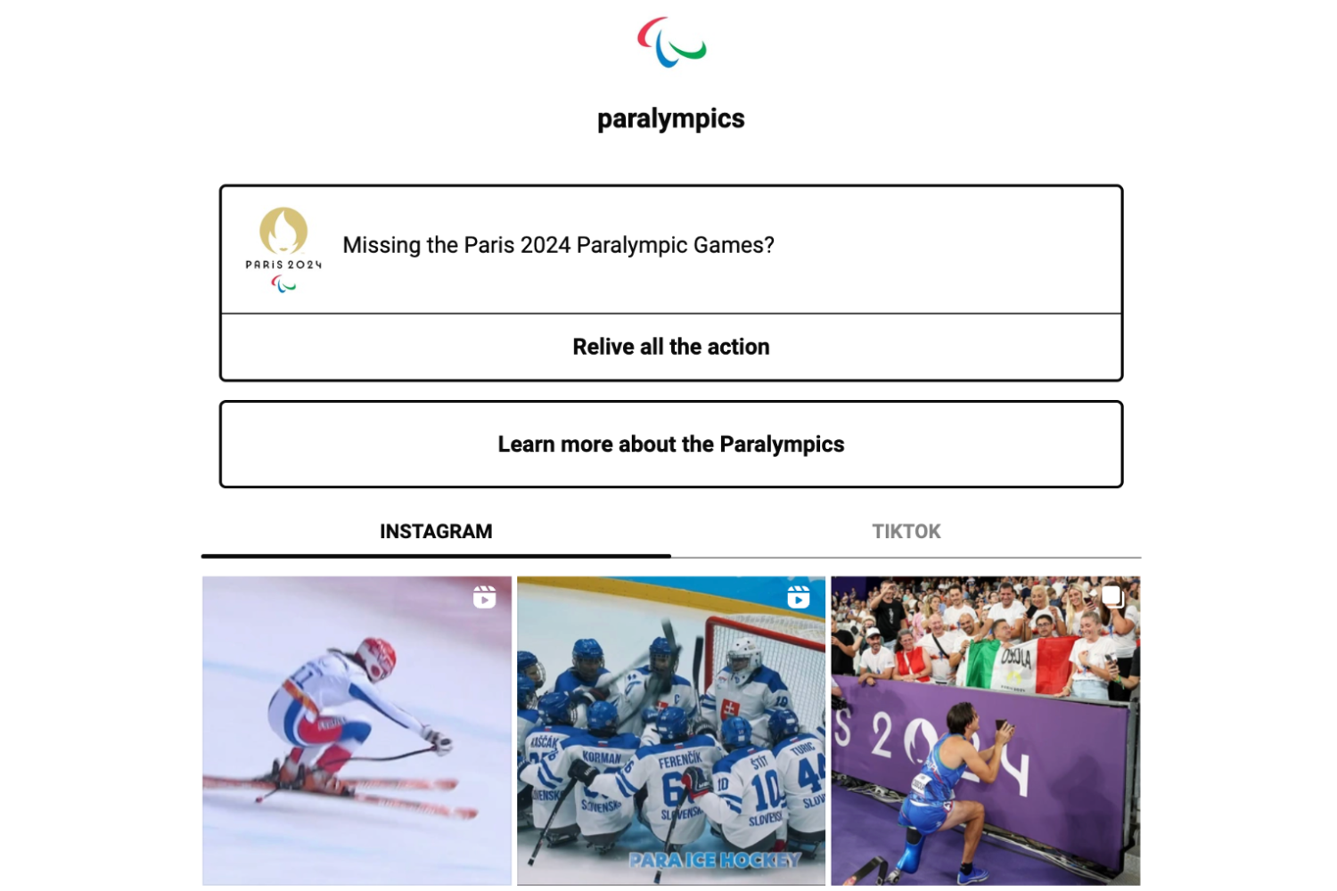 Paralympics Link in Bio page features linked Instagram Reels