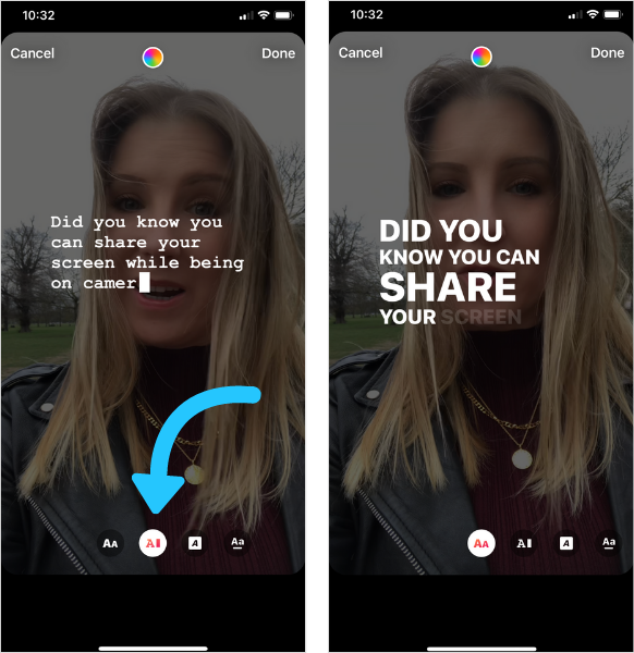 The blue arrow points to the different text styles available for Instagram story captions
