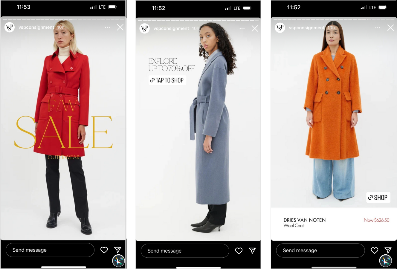 Three screenshots of VSPs Instagram stories with models in long coats and jeans on a grey background
