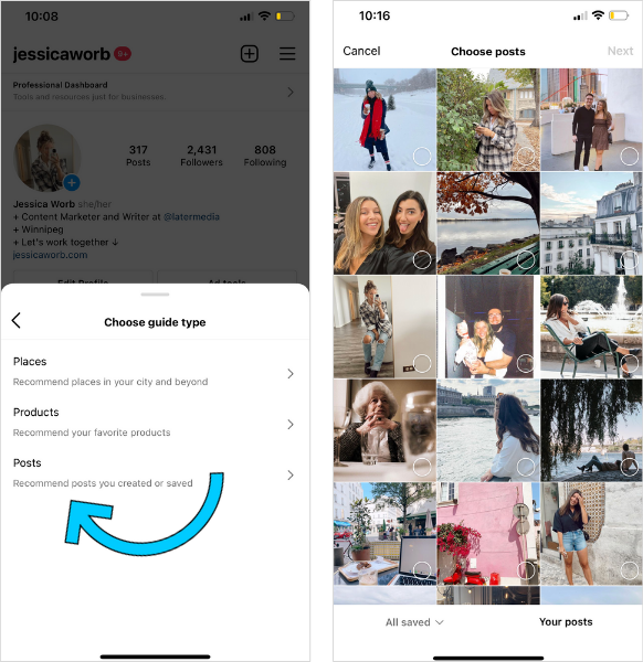 selecting instagram posts for guides