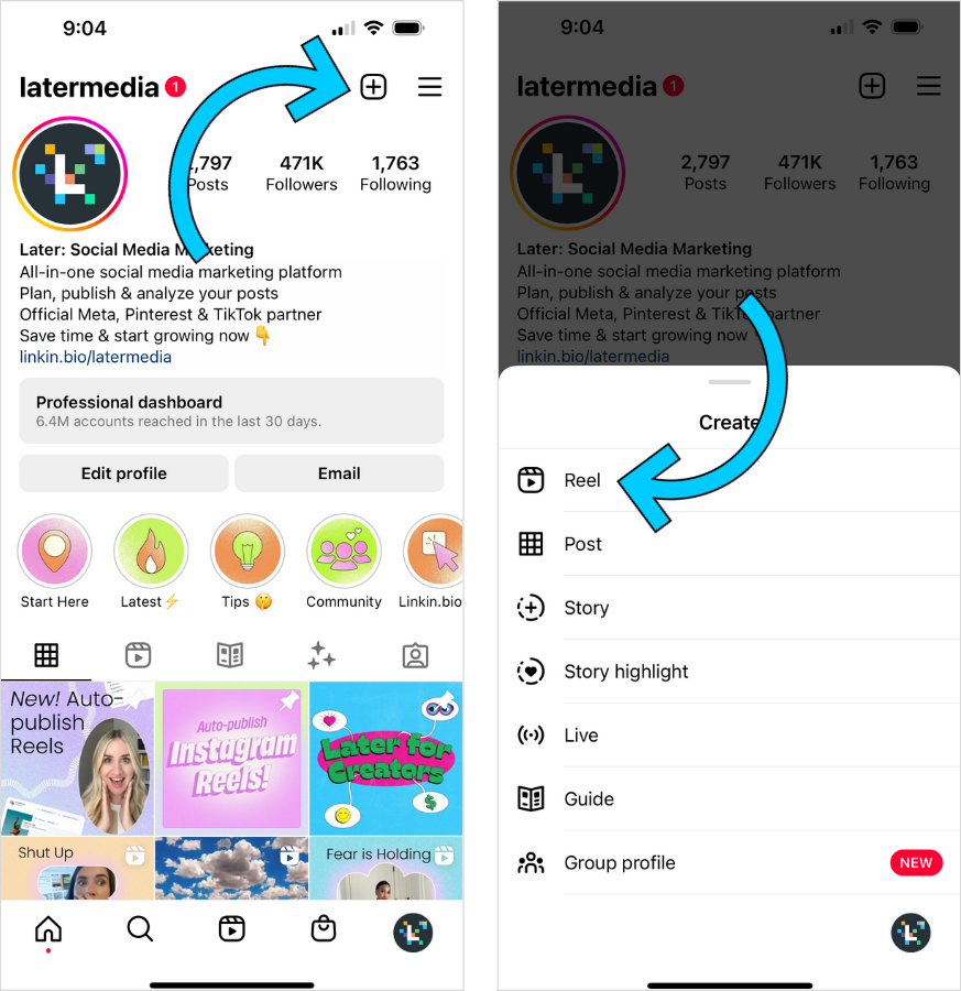 Screenshot of creating an Instagram Reels and selecting Reel