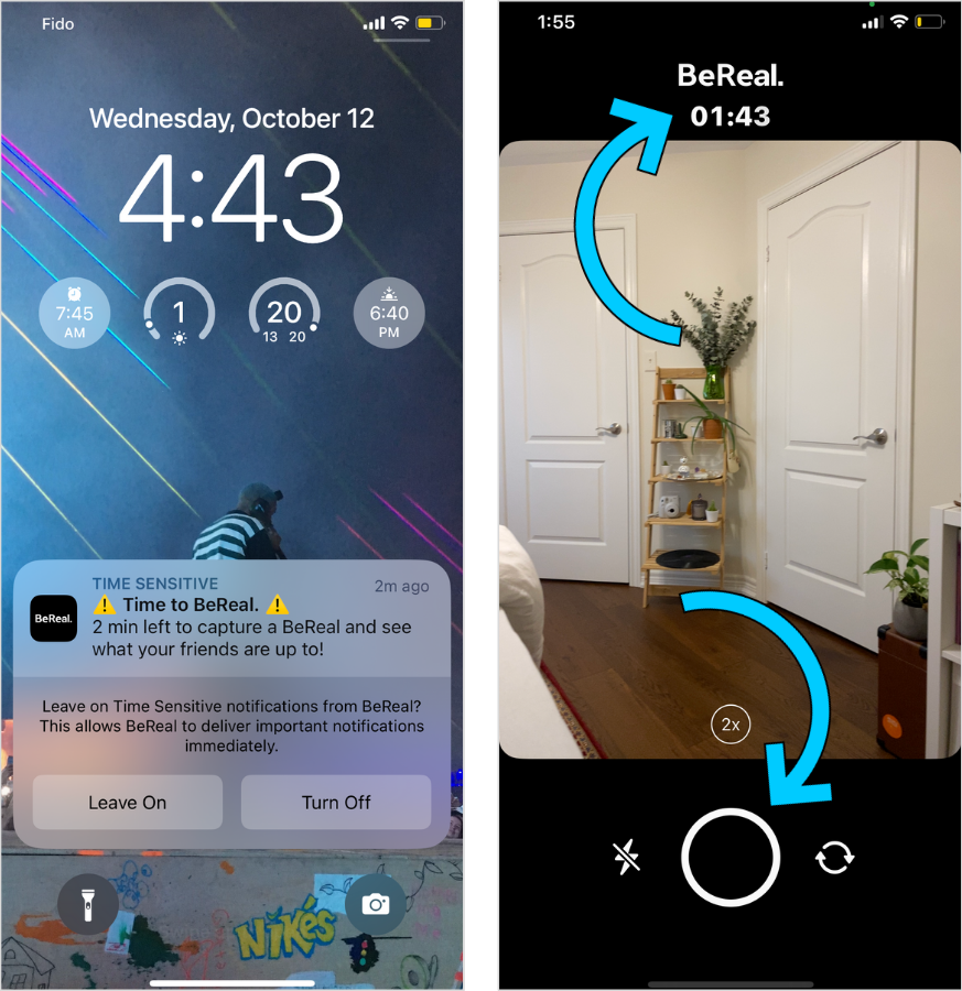 Screenshot of BeReal notification + camera view with arrows. 