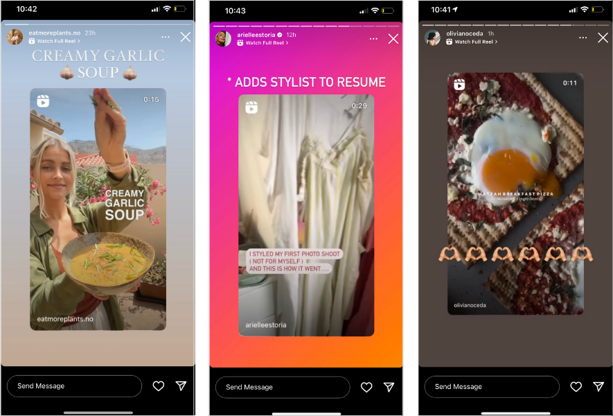 three brands sharing instagram reels on stories