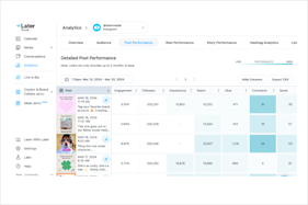 Later analytics dashboard showing top performing posts, followers, reach, comments, and more