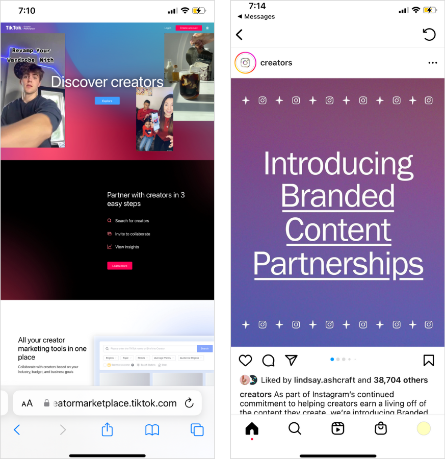 Side by side screenshot of TikTok and Instagram's creator marketplaces. 